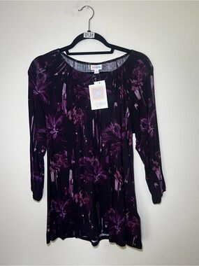 LuLaRoe Black with Purple Floral Peasant Top